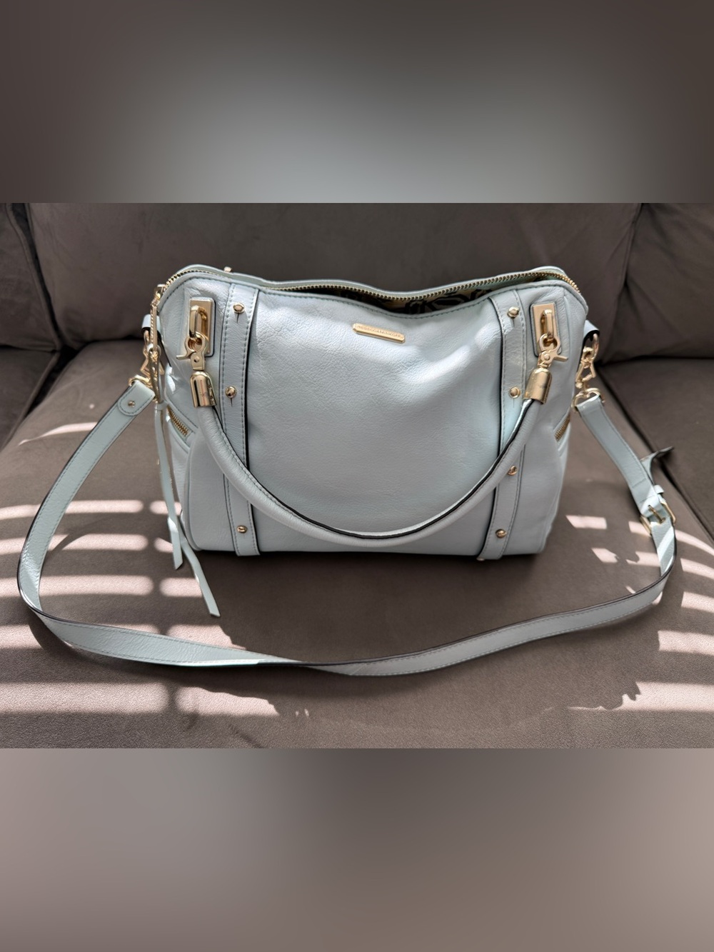Rebecca Minkoff Pale Blue Leather Cupid Satchel Crossbody Bag Gold Hardware